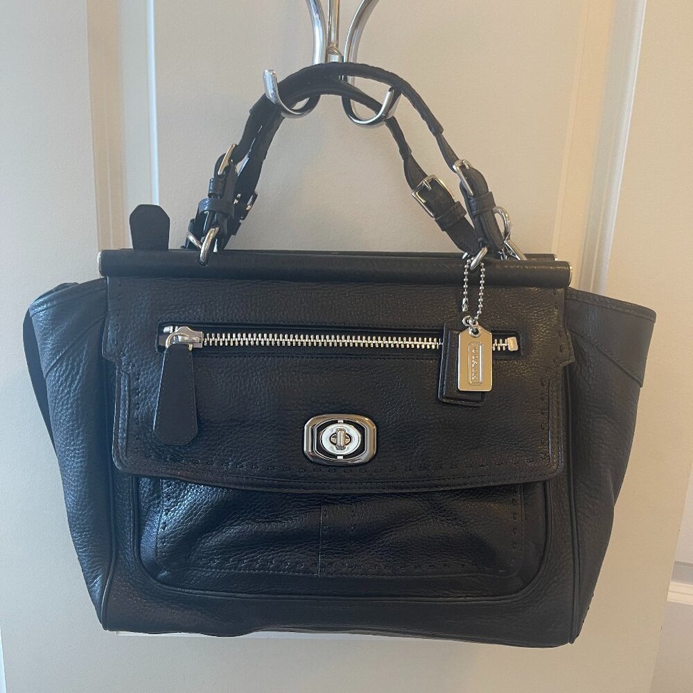 Coach Pinnacle Louise Black Pebbled Leather Turnlock Satchel Crossbody Bag